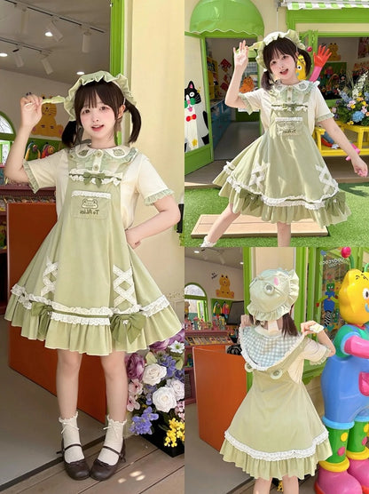Light Green Frog Embroidery Lace Trim Overalls
