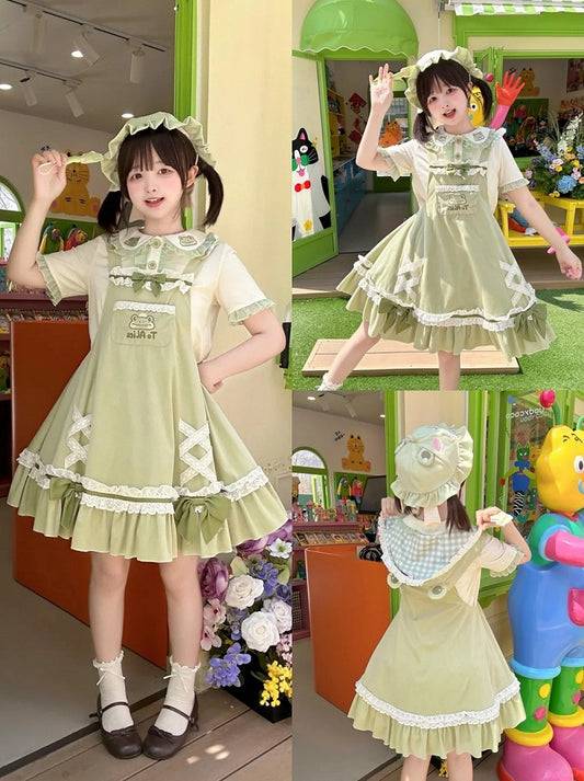 Light Green Frog Embroidery Lace Trim Overalls