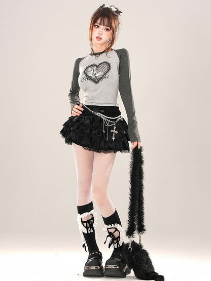 Black/Grey Heart Print Colorblock Close-fit T-shirt