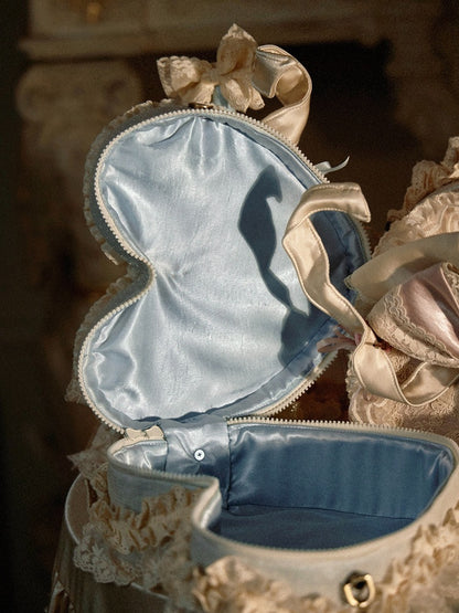 Heart Shaped Handbag with Lace, Bows & Cherry Details in Blue or Pink - Blood Supply