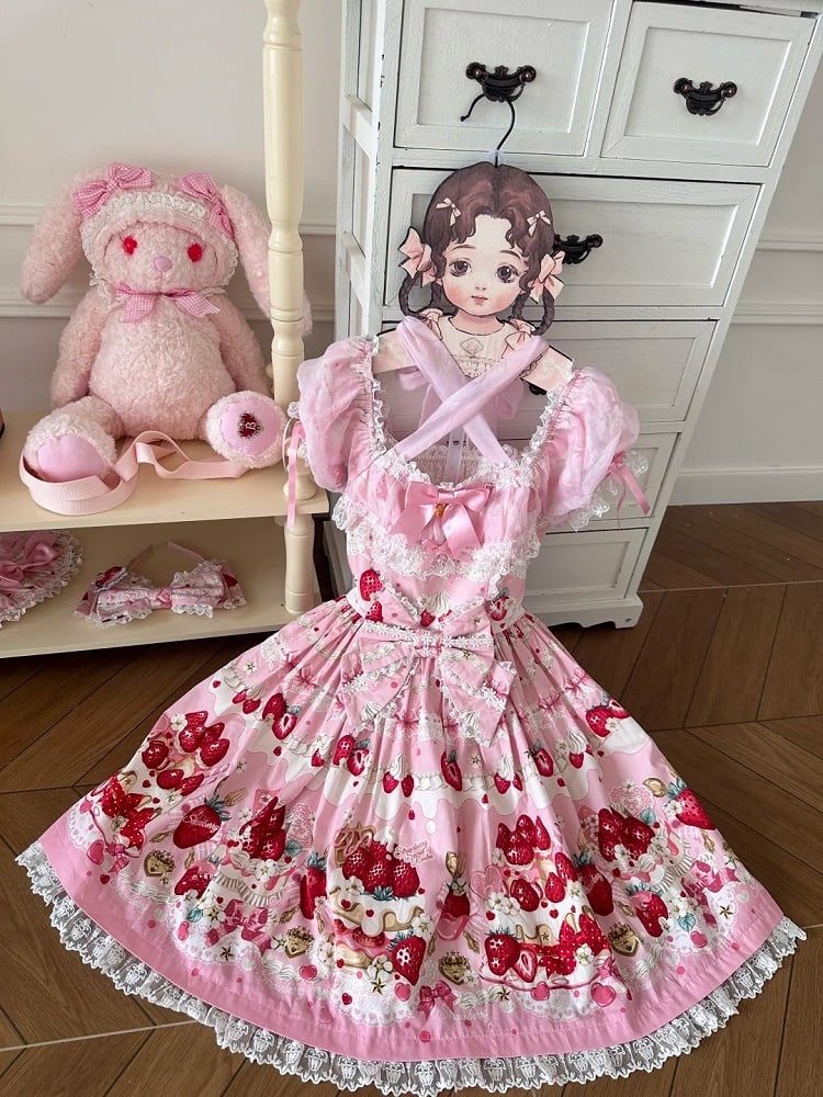 Rosa Printkleid Lolita Cake Kurze Ärmel Süße Erdbeere