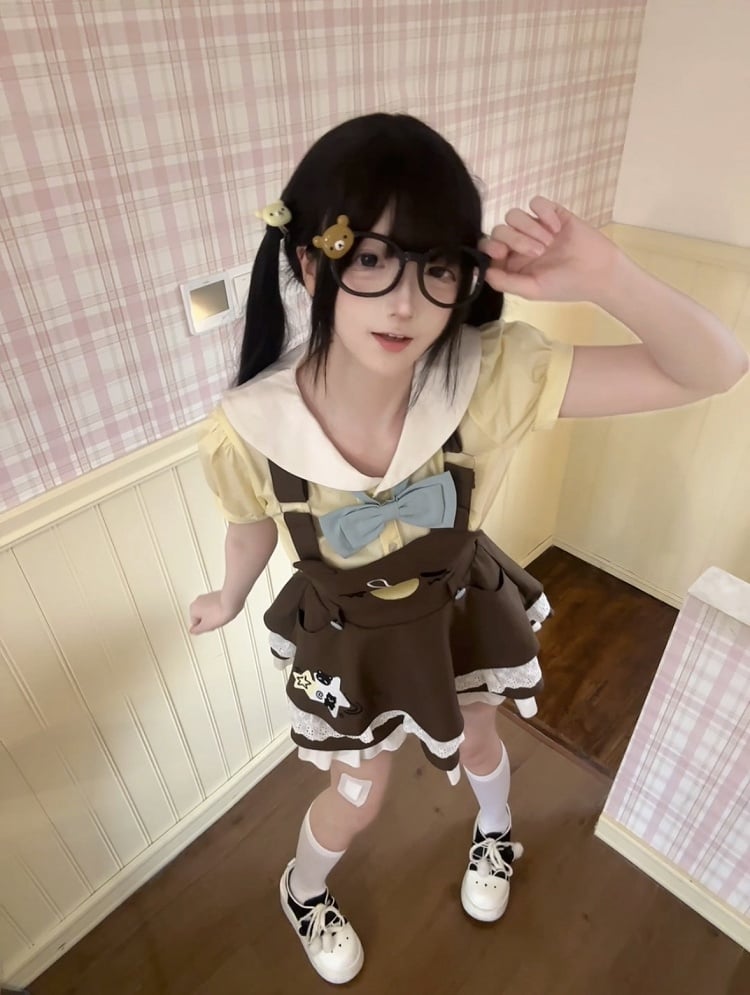Brown Overall and with Dress Trim Lace Embroidery Bear
