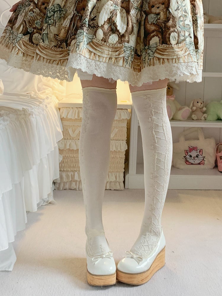 Old School Lolita Overknee-Strümpfe mit Schleife