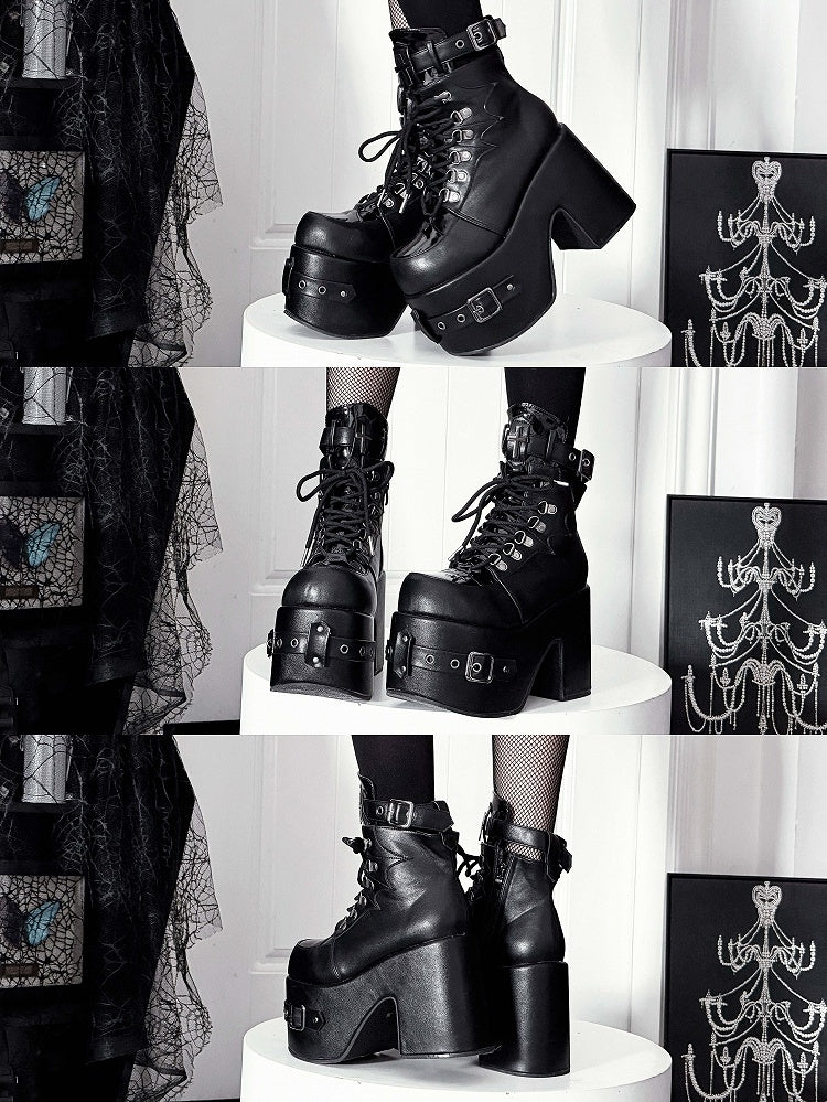 Matte Black Platform High Block Heel Ankle Boots with Buckle, Lace-Up, Inner Zip & Cross Decor - Transfer Student