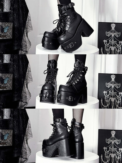 Matte Black Platform High Block Heel Ankle Boots with Buckle, Lace-Up, Inner Zip & Cross Decor - Transfer Student