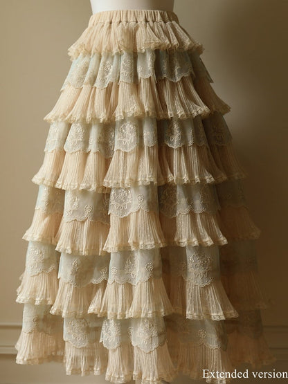 Details with Tulle Flower Multi-Layered Blue Lolita Beige Elegant Skirt Embroidery