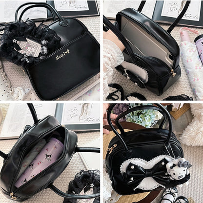 Verzierte süße schwarze Handperlentasche Plüsch Lolita Herzschleife