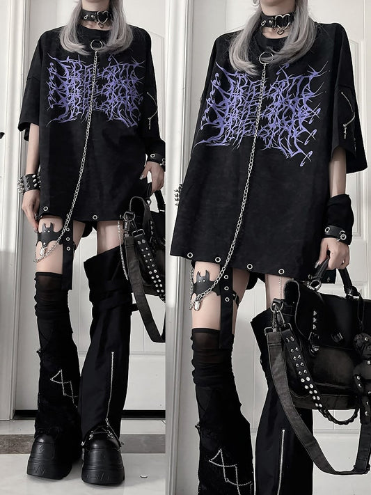 T-Shirtwith Gothic Loose ChainPurple Black Detachable Thorn Print