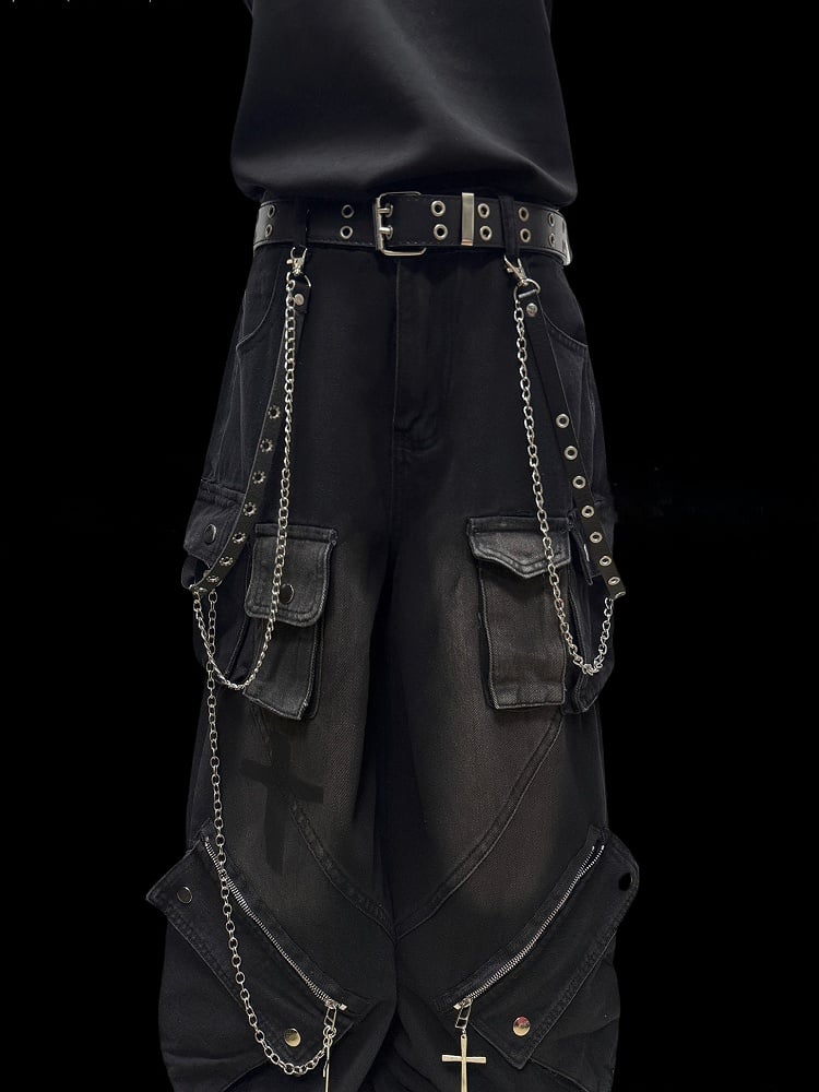 Details Black with Jeans Edge Urban Cargo Faded Zipper Straight-Leg