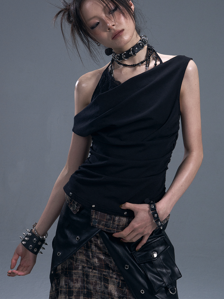 Accents Faux Lace Knit Vest Halter Two-Piece Punk With Black Stud