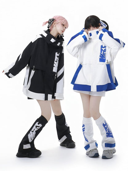 Blue and White Jirai Kei  Techwear Straps Design Hooded Windbreaker Jacket