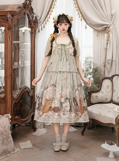 Green Cat Print High Waist Sweet Lolita Jumper Skirt - NyaNya