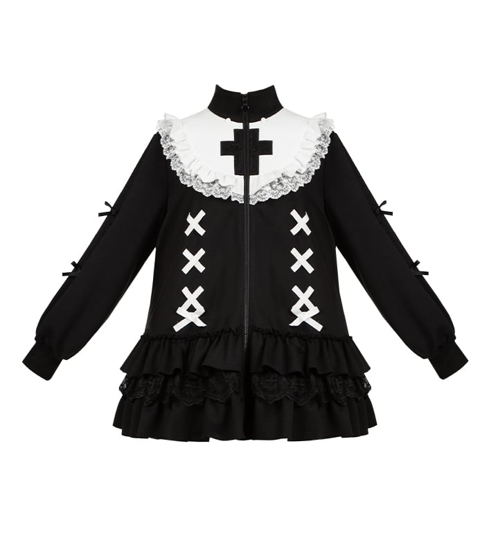 Lagenhals Jirai Cross High Black Jersey Stickerei Saum Kei-inspiriertes Kleid Rüschen