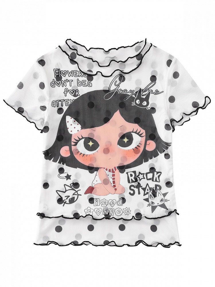 Cartoon Girl & Polka Dot Print White Mesh Short Sleeve T-Shirt - Languid Park