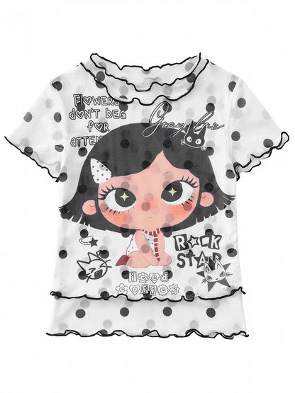 Cartoon Girl & Polka Dot Print White Mesh Short Sleeve T-Shirt - Languid Park