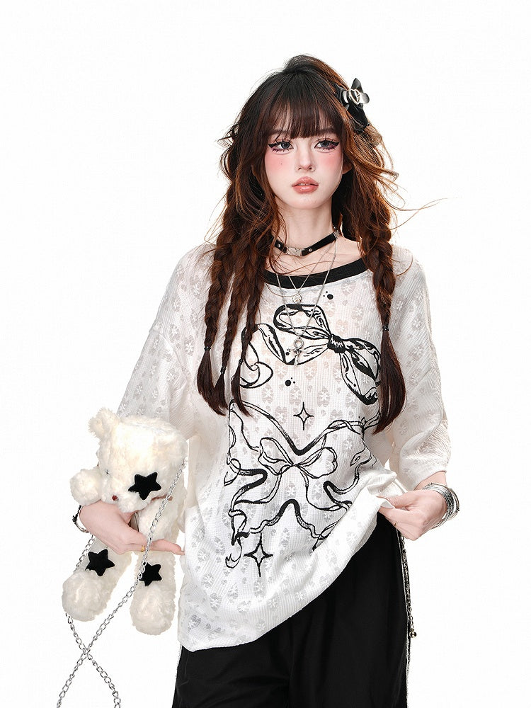 Blue/White Semi-sheer Bowknot Print Backless T-Shirt with Bow