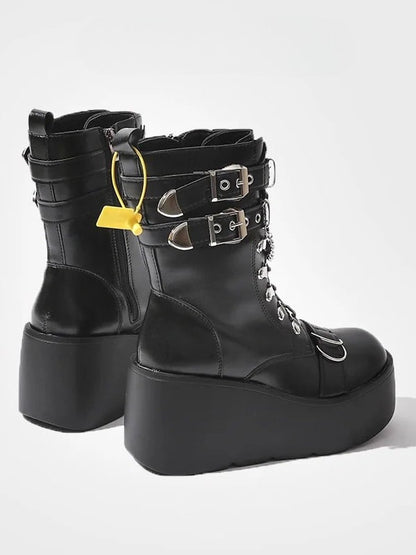 Chain - in Heart Platform System Multi-Closure Charm with Details Boots Style Punk Black
