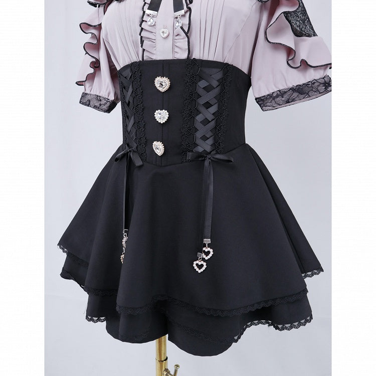 Jirai Kei Black Lace-up High Waist Skort with Heart Rhinestones