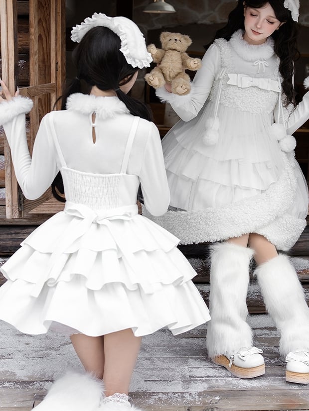 Dress with Lolita Shoulder Winter Ruffle Hem Tiered Adjustable White Straps All