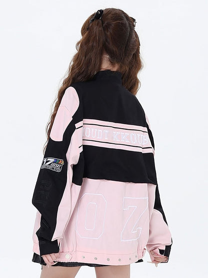 Jacket 2-in-1 Pink Black Detachable in Lining Plush Fleece Baseball with Letters Embroidered