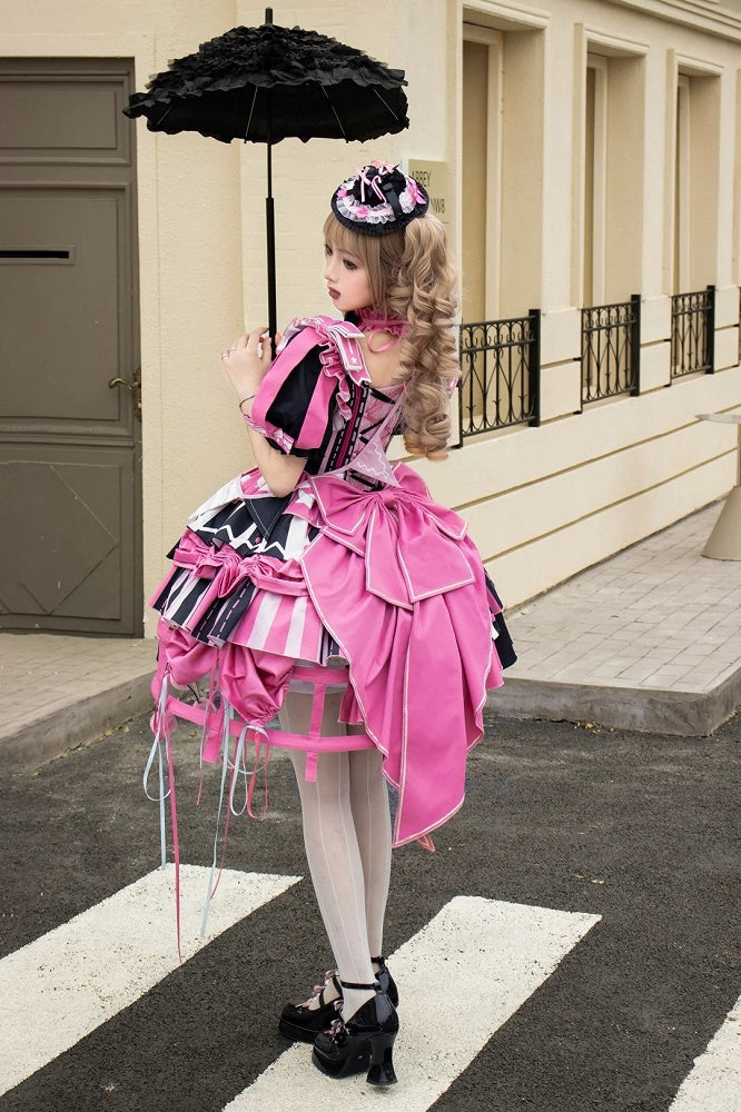 Sweet Lolita Jumper Dress in Black and Pink with Bunny Embroidery and Removable Puff Sleeves - Ban Tang Mao Wan
