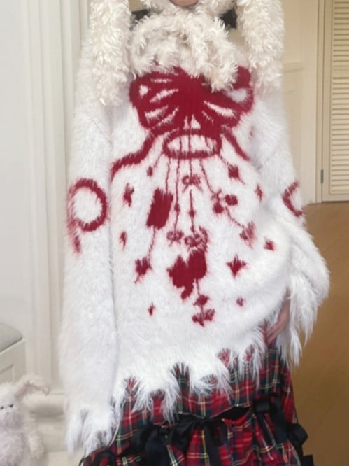 Chime Jacquard and Wind Cozy White Fuzzy Sweater with Distress Trim and Bow