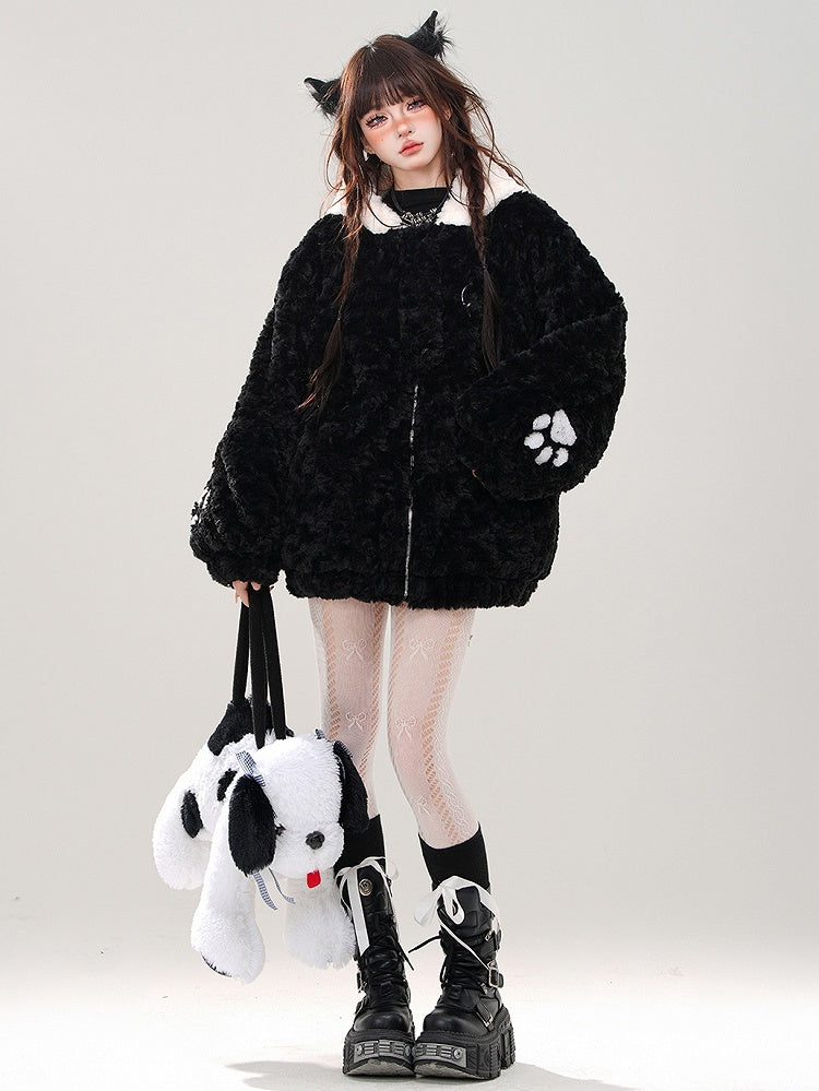 Schwarzer Fleece-Kapuzenpullover mit süßem Katzenkopf und Reißverschluss