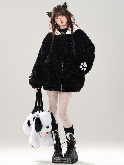 Schwarzer Fleece-Kapuzenpullover mit süßem Katzenkopf und Reißverschluss