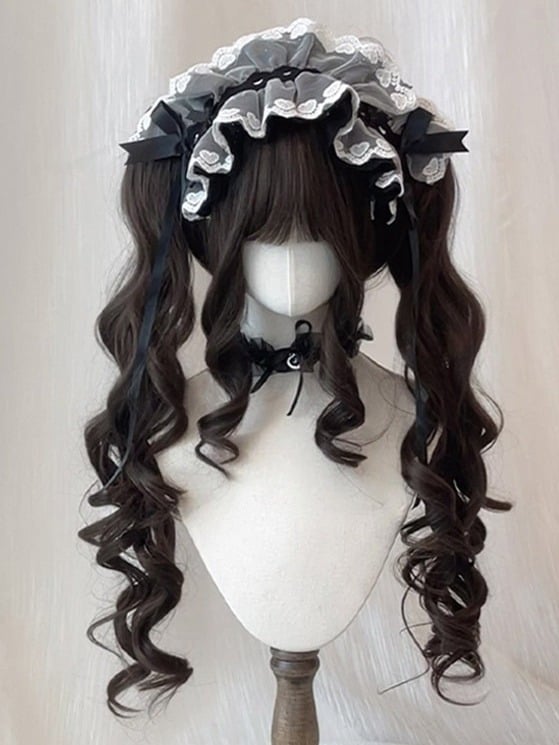 Brown Full Bangs Wig with Long Wavy Twin Tails Claw Clip - Sleepy Fish