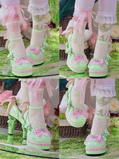 Shoes Heart Decor - High-heel PU Leather Details Bowknot Green