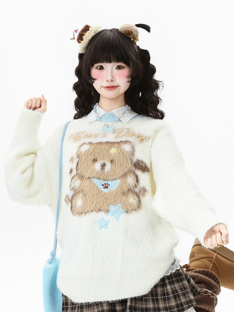 Round Teddy Brown/Apricot Kawaii in Bear with Sweater Daily Design Neckline Coffee