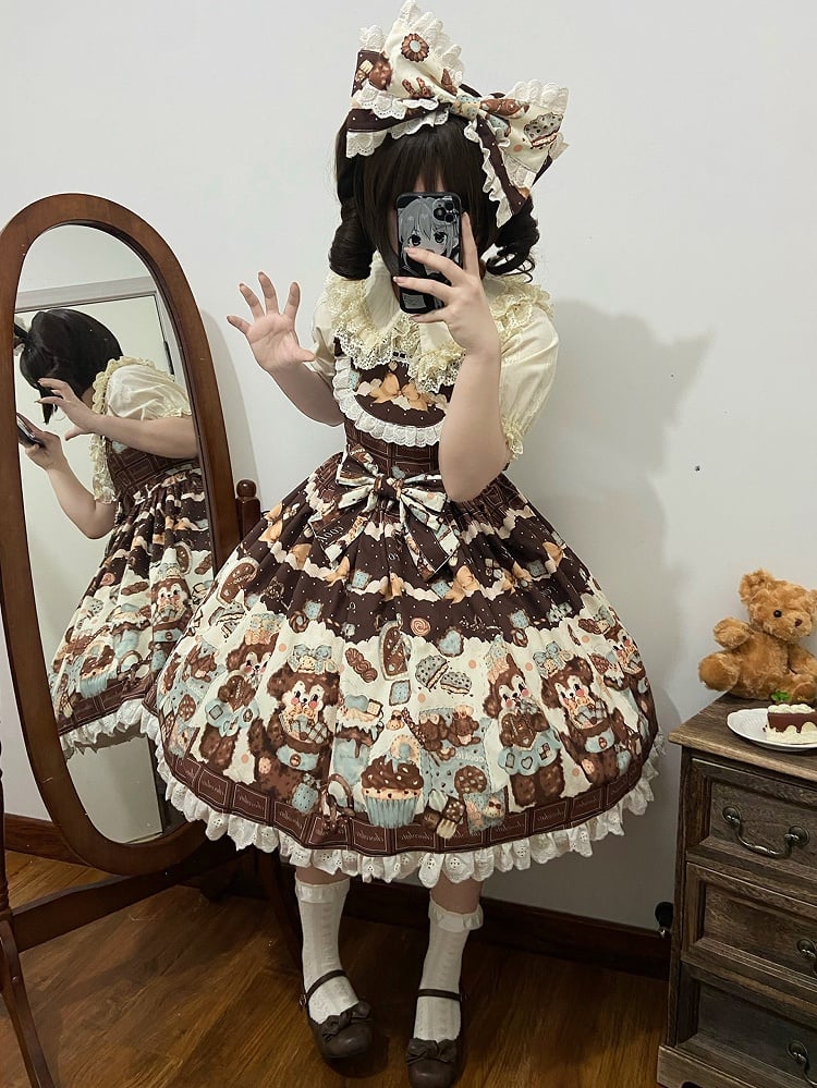 Cookies Lolita Waist Sweet Cute JSK Brown High and Fluffy Set Puppy Full Print