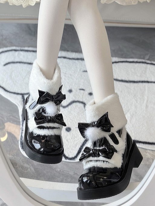 Boots Bow Round-Toe Fleece-Lined Black with Sweet Accents Snow Lolita
