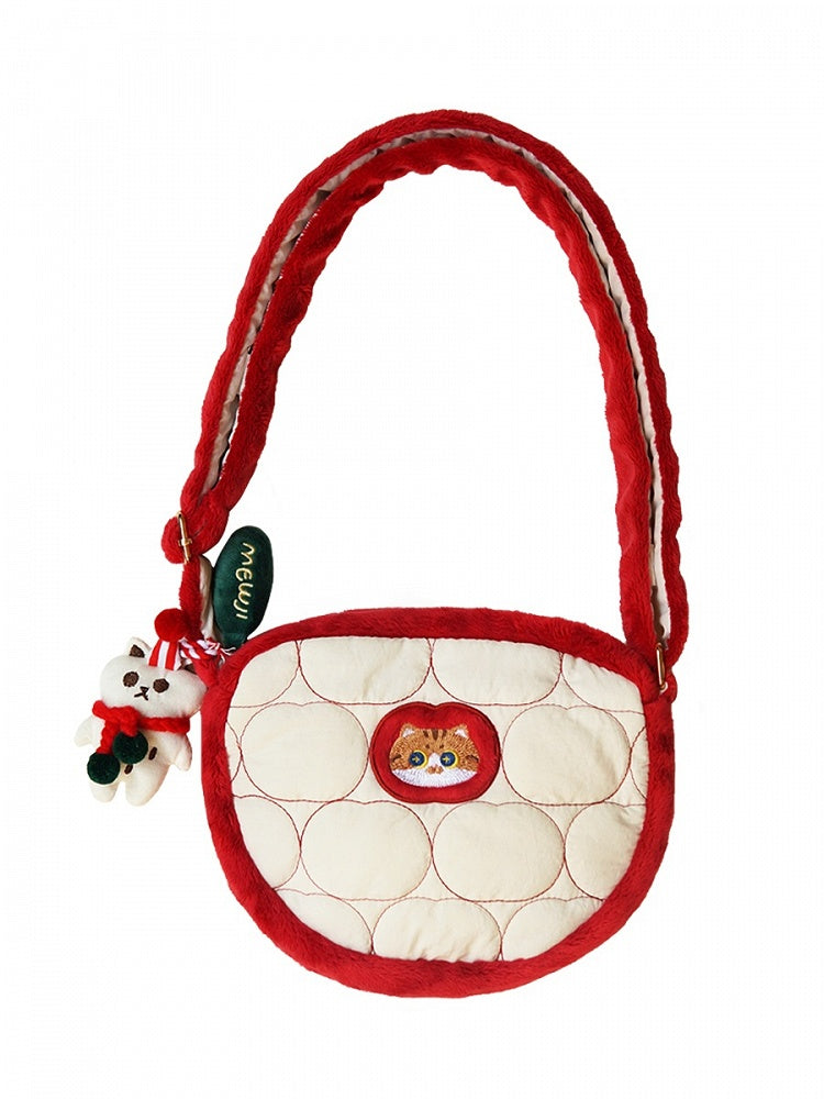 Cute Cat And Apple Pattern Red&White Crossbody Bag