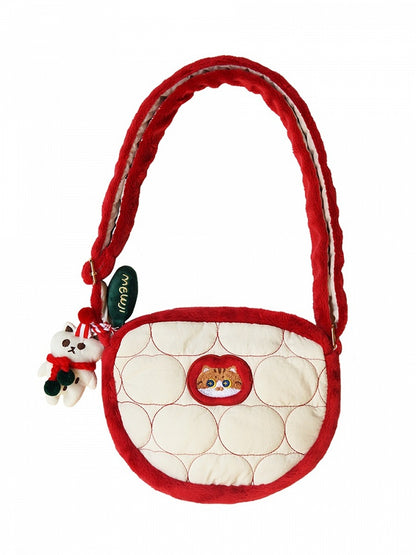 Cute Cat And Apple Pattern Red&White Crossbody Bag