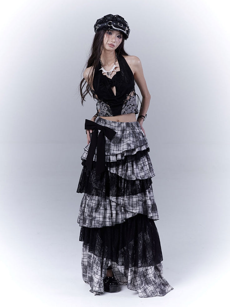 Regular/Long Version Asymmetrical Tiered Plaid Skirt Black Punk