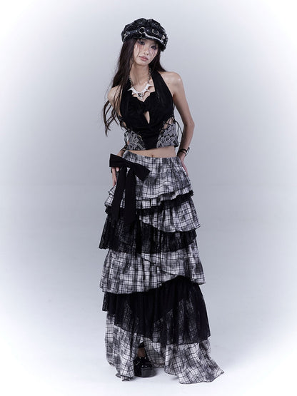 Regular/Long Version Asymmetrical Tiered Plaid Skirt Black Punk