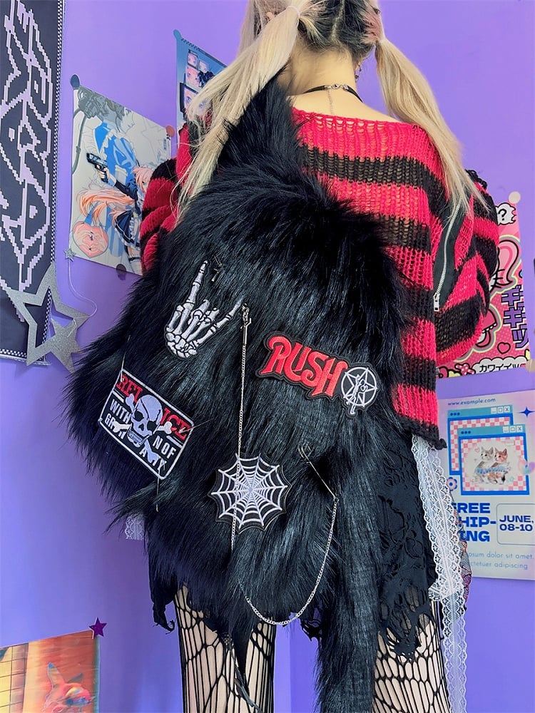 ブラックスケルトンアップリケパンクシャギーバックパック