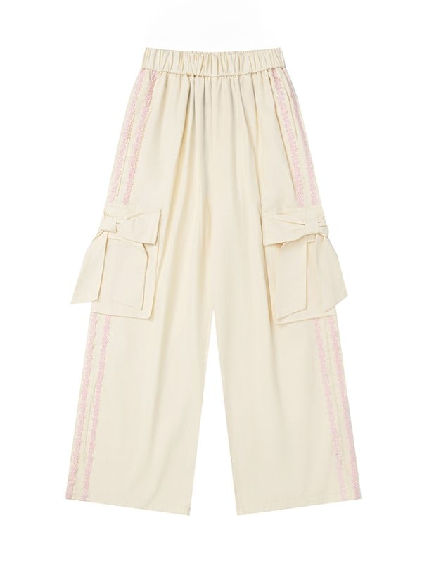 Hose mit floralen Schleifendetails und geradem Bein mit apricot/schwarzen Streifen und