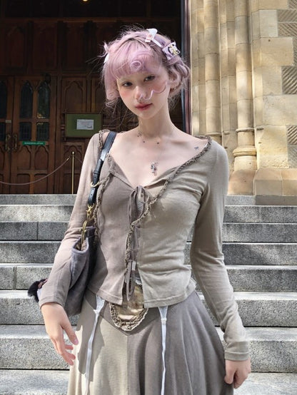 Sleeves Long with Tie-Front Gray Cardigan Colorblock