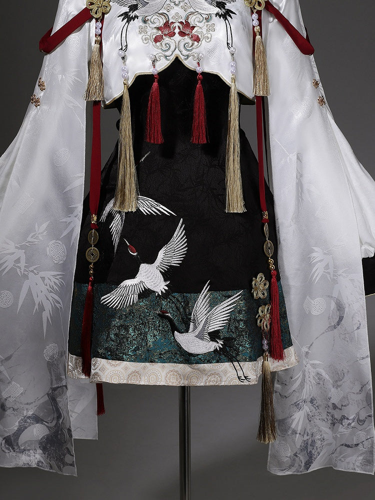 Green Chinoiserie + Balck White Cropped Crane Dress Lolita Tassel Top with Accents Embroidery