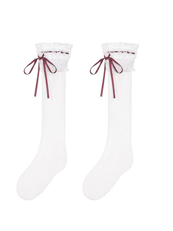 White Cotton Under Knee Stockings with Red / Black Bow Tie Accent & Lace Cuff