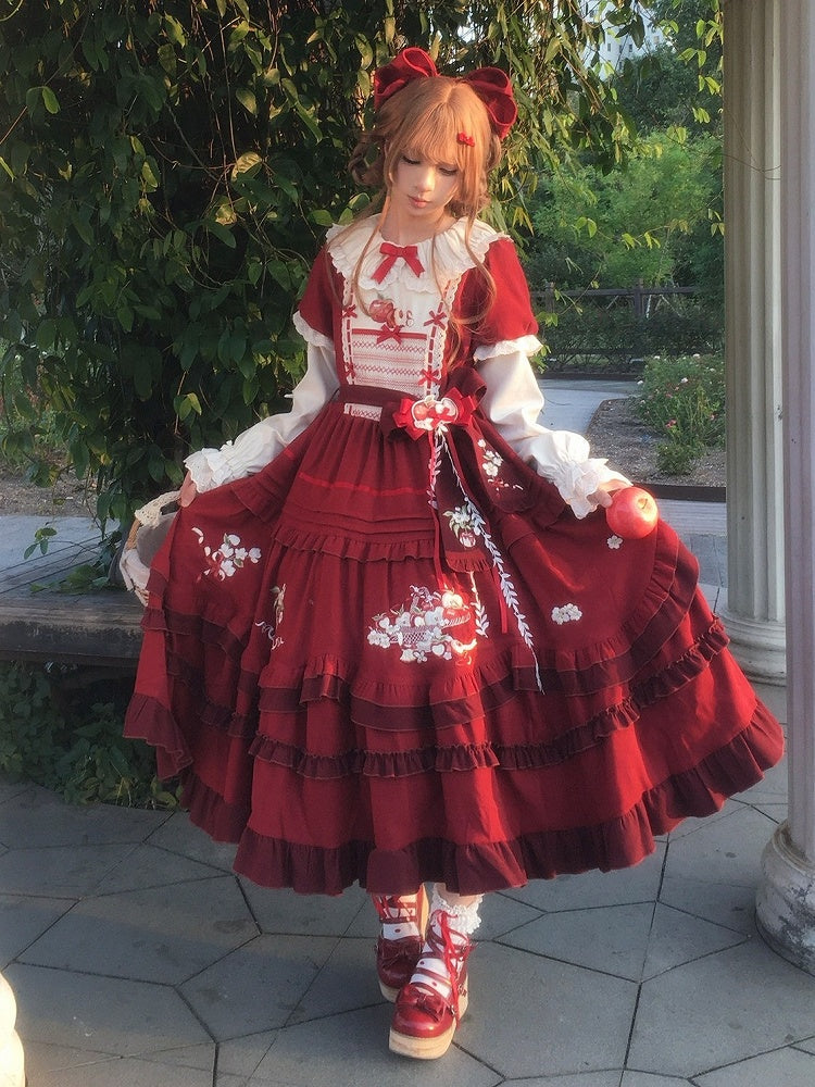 Wine Red Apple Embroidered OP Dress Set with Peter Pan Collar, Long Sleeves, Ruffle Trim, Belt, Brooch & Bow Hairclip - With PUJI