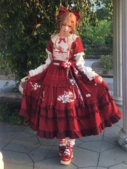 Wine Red Apple Embroidered OP Dress Set with Peter Pan Collar, Long Sleeves, Ruffle Trim, Belt, Brooch & Bow Hairclip - With PUJI