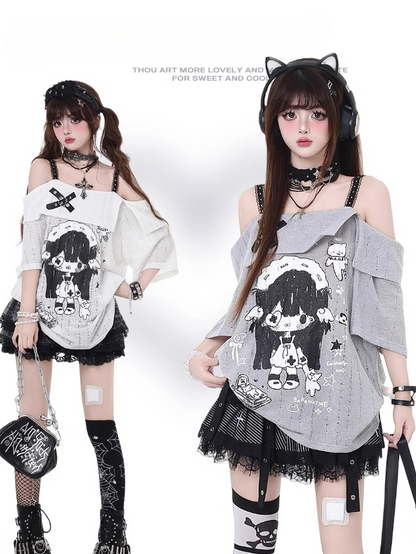 ネックライン ガールプリント Tシャツ カートゥーン グレー/ホワイト オフショルダー クロスデザイン