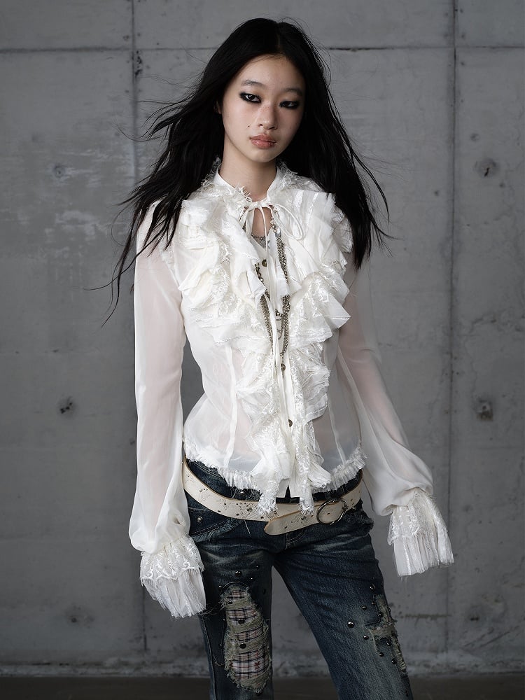 Vintage Flounce Tiered Princess Detail Beige Blouse Tie-Neck with Lace