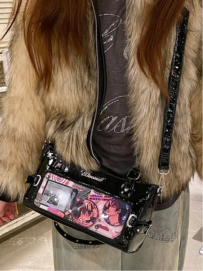 Bag Black Transparent-Window PU Versatile Ita Leather