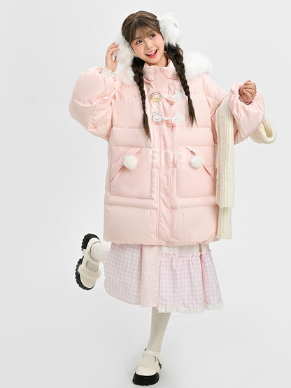 Rosa Daunenmantel mit Kapuze und Plüschbesatz mit süßem Bären und Kätzchen