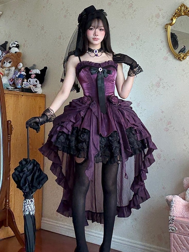 Purple Black Strapless Gothic Lolita Dress - Rose Bouquet Boned Corset