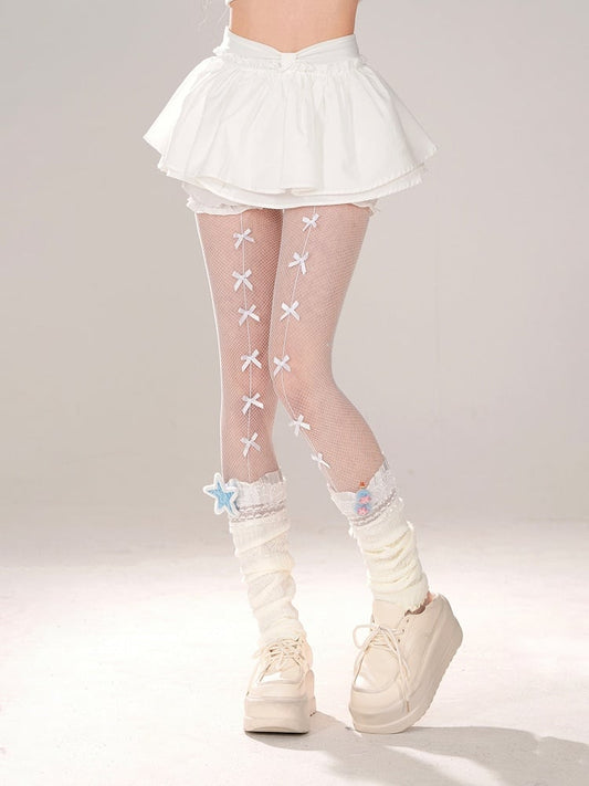 Built-in Tiered Skirt Bow White Bloomers with Waist